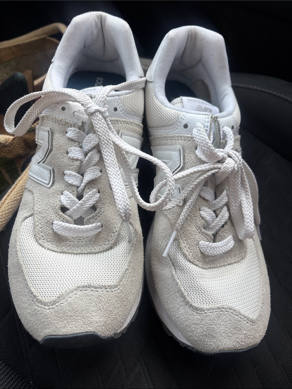 New Balance Off-White and Light Gray Suede Mesh Sneakers